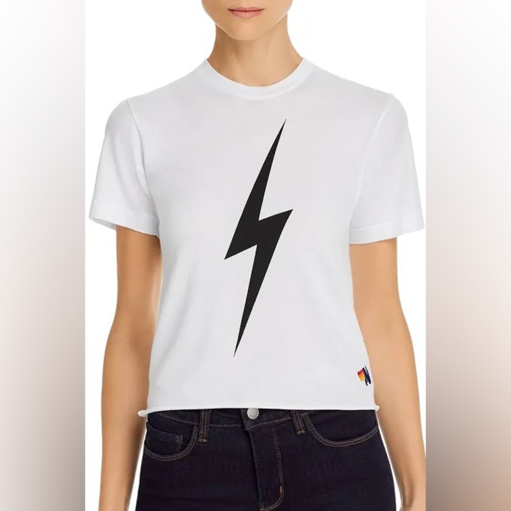 Aviator nation, cropped white lightning, bolt T-shirt
